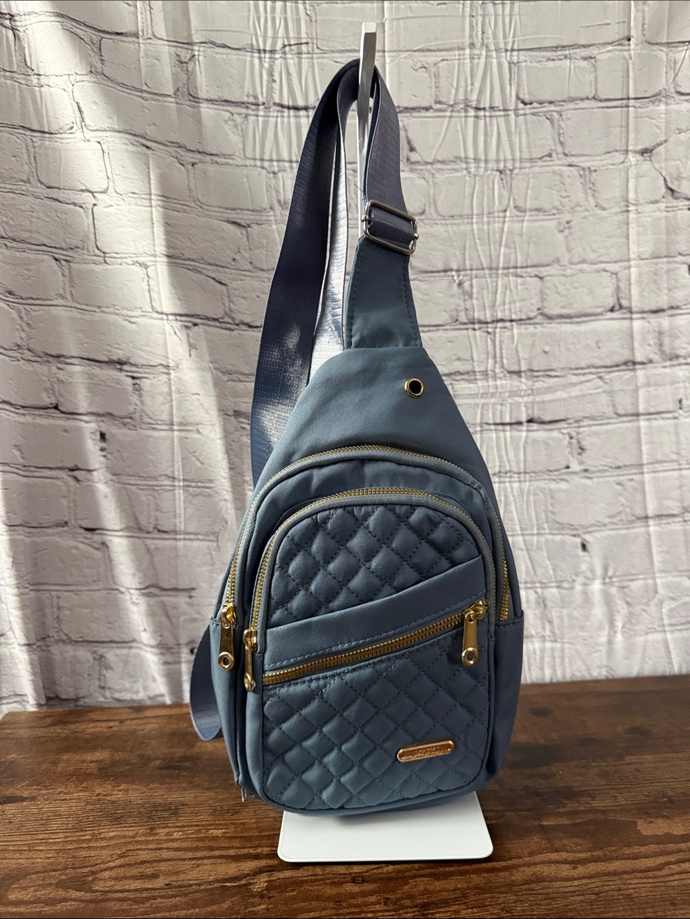Quilted Slate Blue Crossbody Sling Bag with Gold Accents